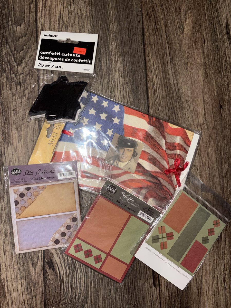 Variety Craft & Scrapbooking Lot: Paper, Album, Confetti, Flag Decor, Mini Mementos