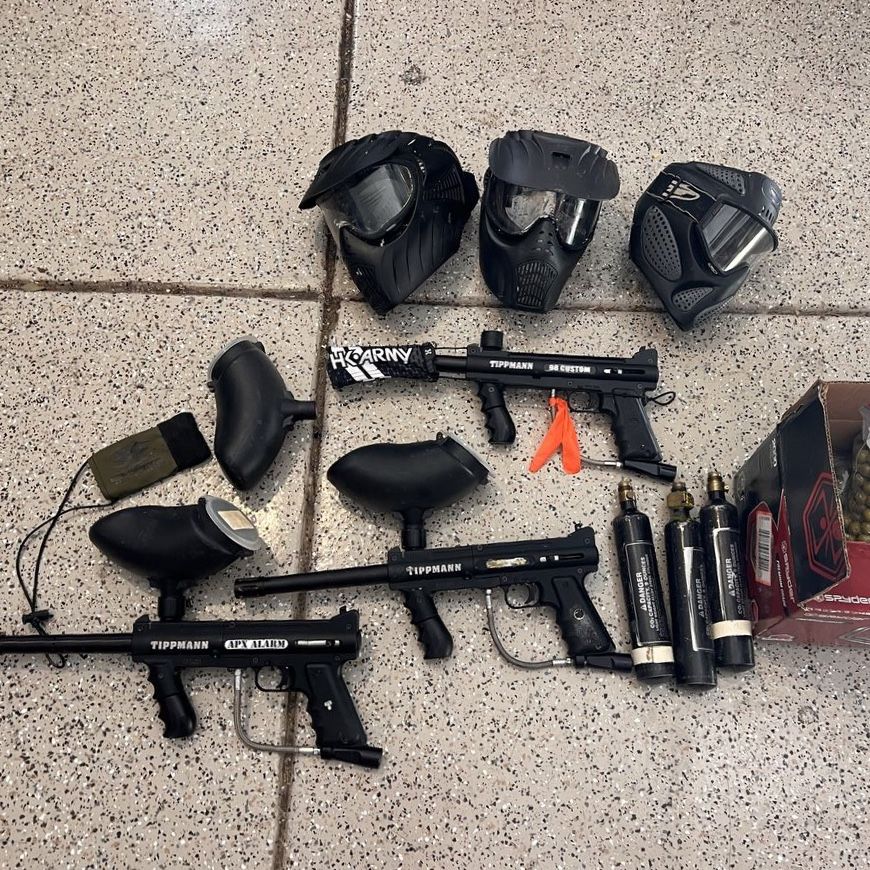Set of 3– Tippmann 98 Custom Paintball Gun Marker Lot: w/ CO2 Tanks, Hoppers, Masks & Paintballs