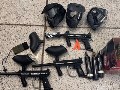 Set of 3– Tippmann 98 Custom Paintball Gun Marker Lot: w/ CO2 Tanks, Hoppers, Masks & Paintballs
