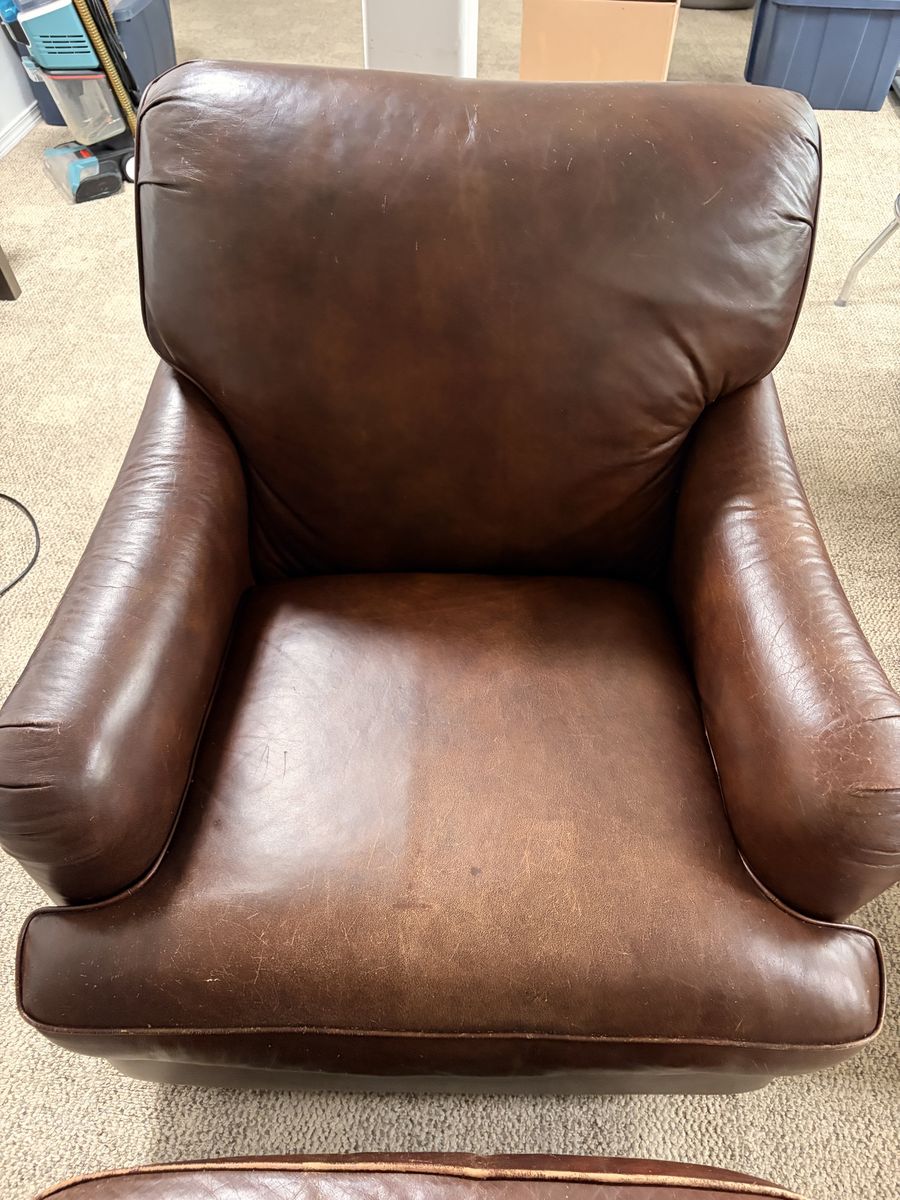 Used Leather Armchair & Ottoman Set