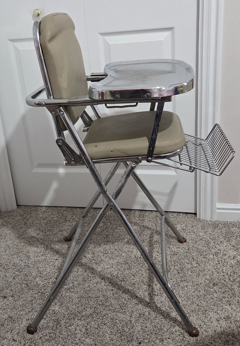 Vintage Chrome Metal Folding High Chair with Metal Tray and Wire Basket