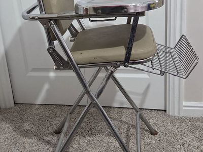 Vintage Chrome Metal Folding High Chair with Metal Tray and Wire Basket
