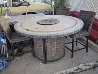 Outdoor Wicker Tile Top Propane Fire Pit Table with 6 Chairs