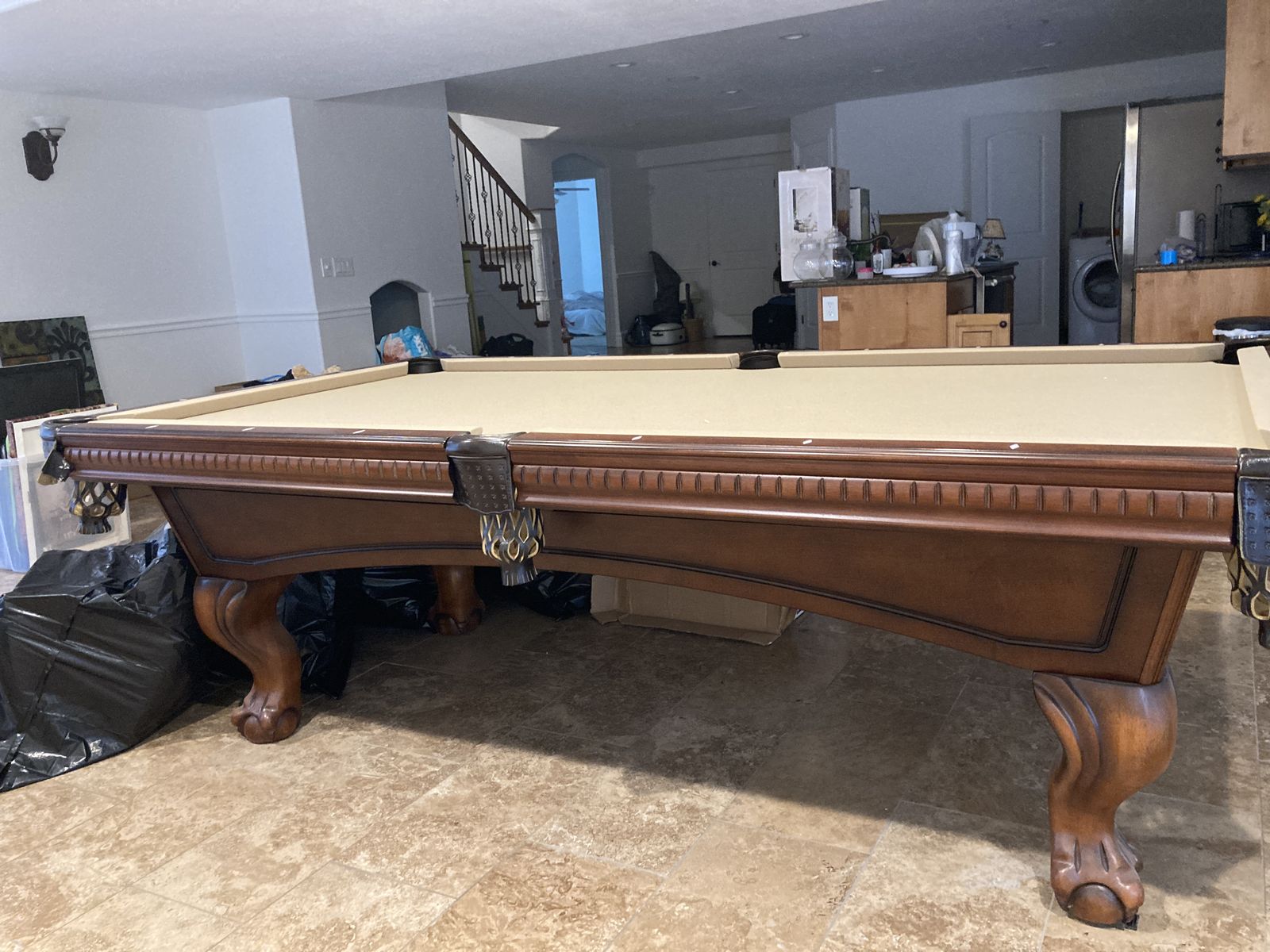 Regulation Size Pool Table, Billiards Cues, Balls, Racks, and 2 Bar Stools - Complete Set