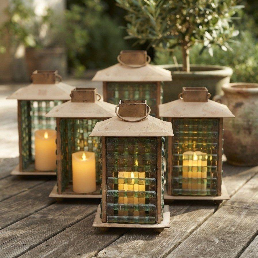 Five Green Glass Lattice with Metal Lanterns