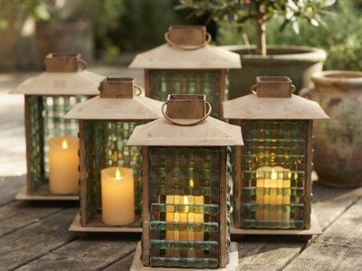 Five Green Glass Lattice with Metal Lanterns