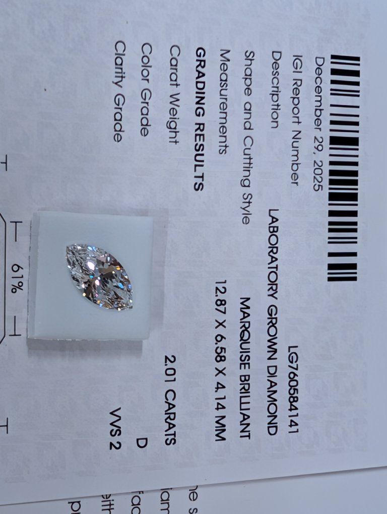 IGI Diamond 2ct Marquis D color vvs2 CV clarity