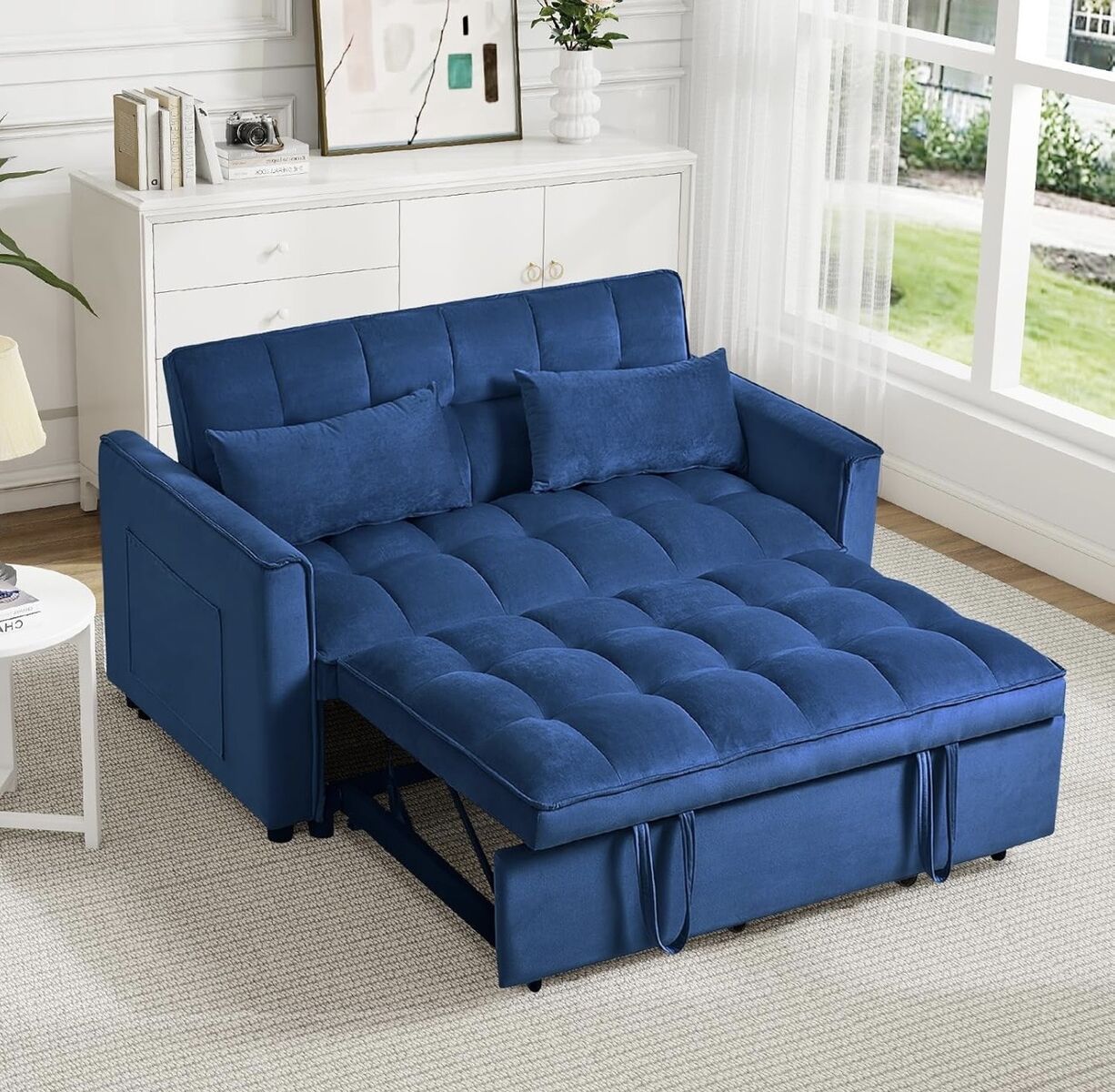 Blue Velvet Sofa Sleeper / Pull-Out Couch – Like New