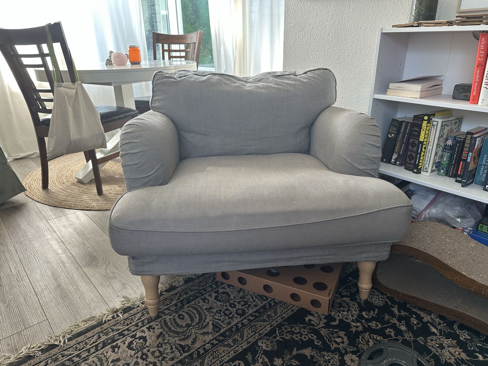 Grey Fabric Armchair with Light Wood Legs