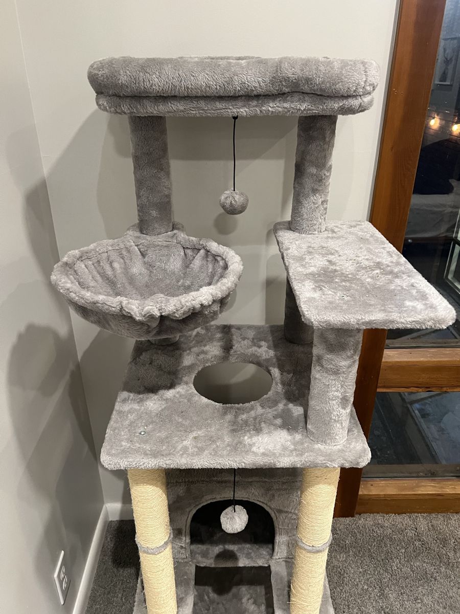 Multi-Level Light Grey Cat Tree Tower with Scratching Posts, Condo & Hammock