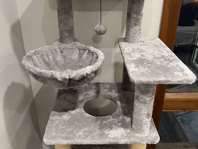 Multi-Level Light Grey Cat Tree Tower with Scratching Posts, Condo & Hammock