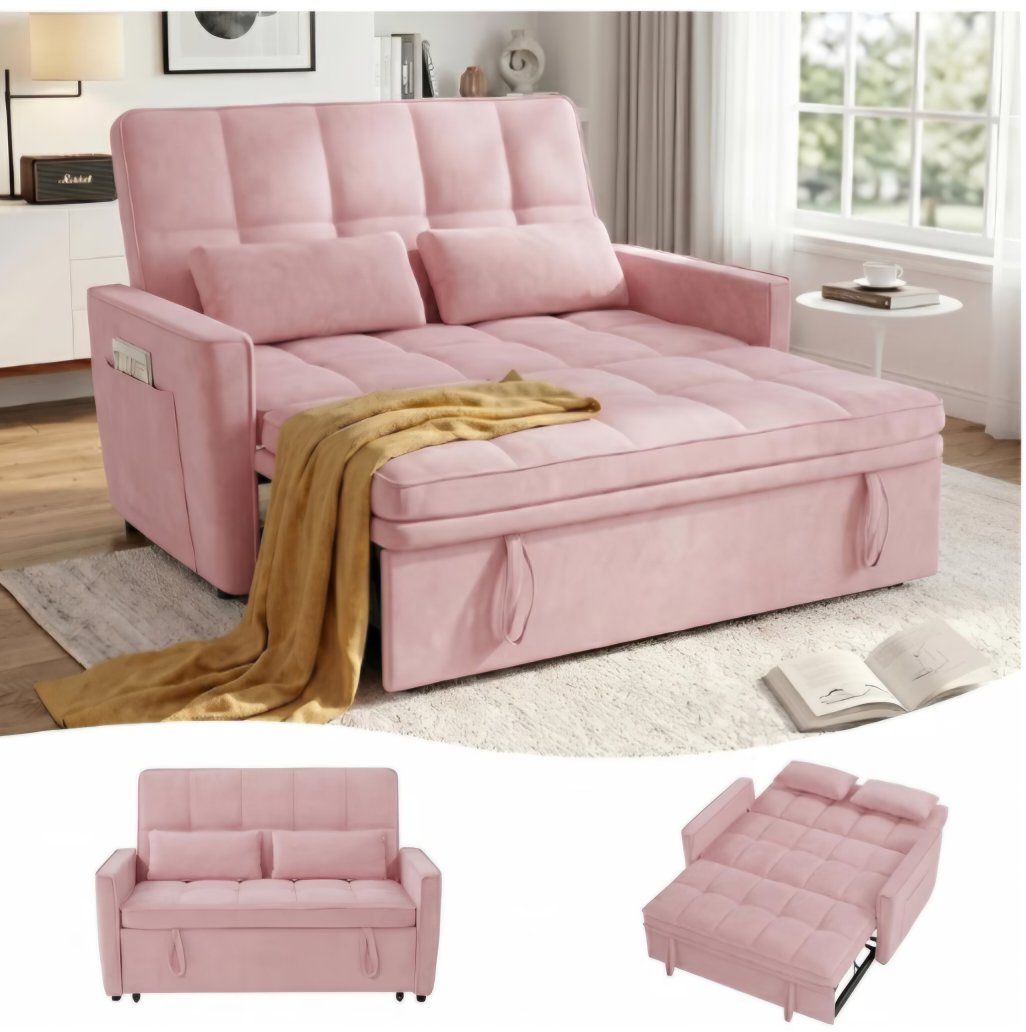 54'' Sleeper Sofa Bed, Convertible Pull Out Couch Futon for for Living Room,Apartment (Pink, Loveseat) Side Pockets, Velvet Fabr