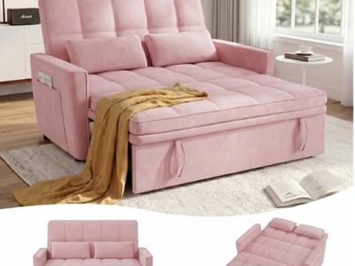 54'' Sleeper Sofa Bed, Convertible Pull Out Couch Futon for for Living Room,Apartment (Pink, Loveseat) Side Pockets, Velvet Fabr