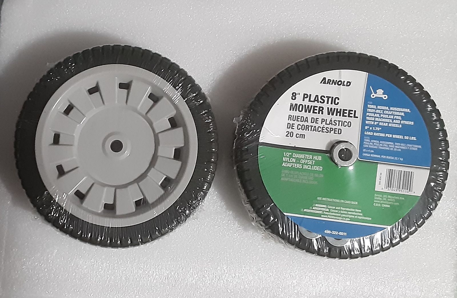 New 8-inch x 1.75-inch Universal Lawn Mower Two Replacement Wheels with 1/2-inch Diameter Nylon Offset Hub and Adapters