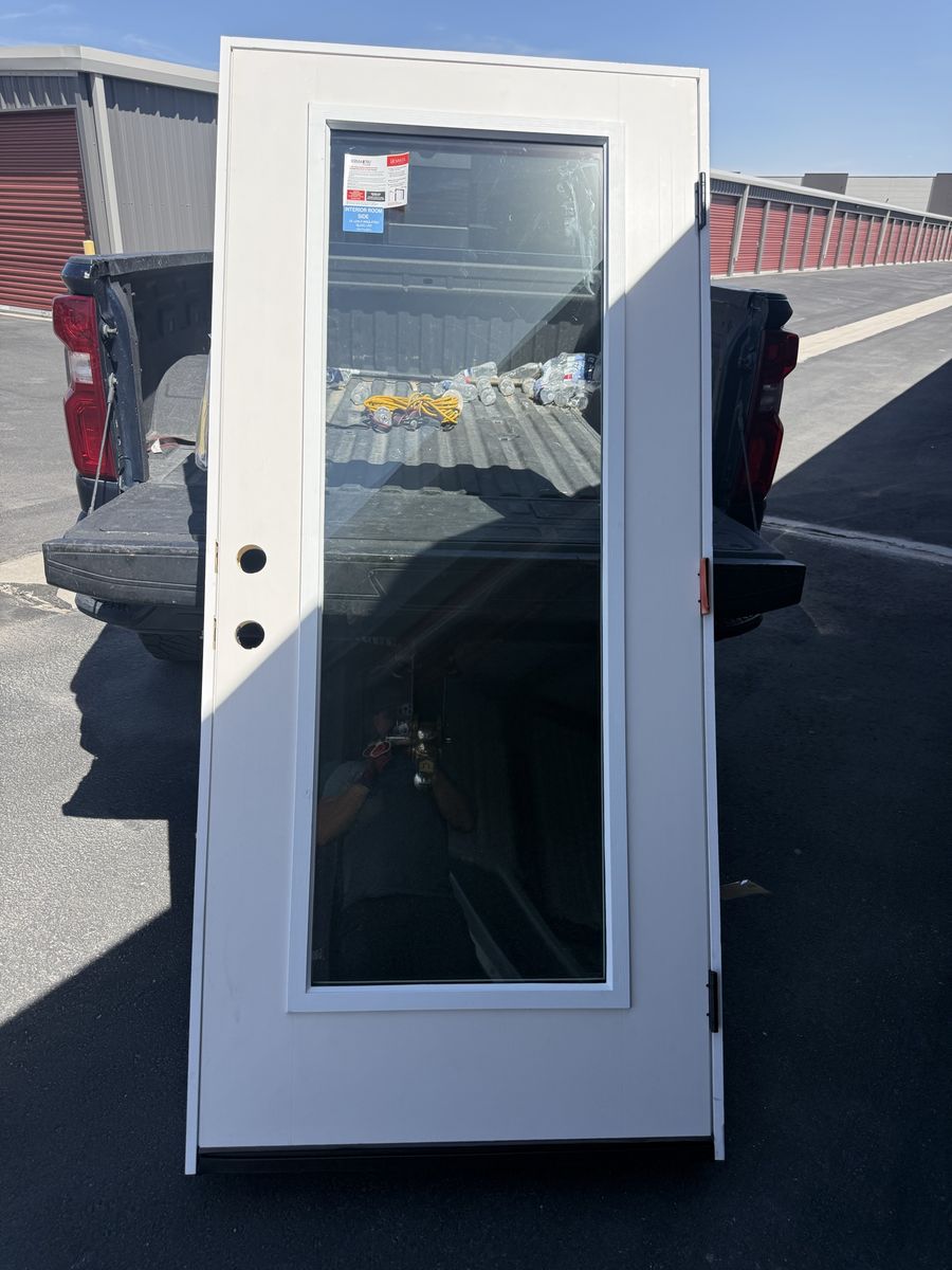 White fiberglass Exterior Door with Full-Lite Glass Panel - Pre-Hung Single Door LH 2x6 frame