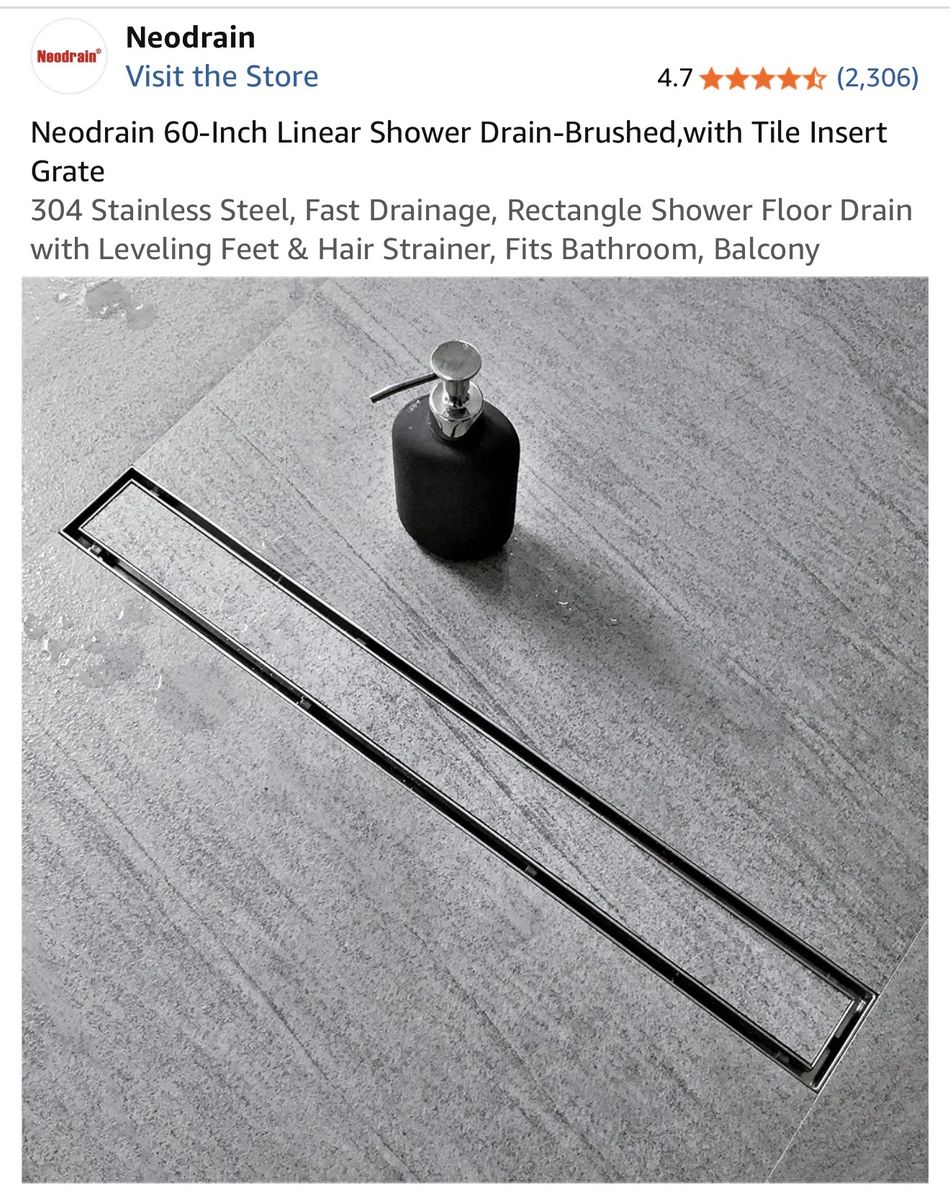 Neodrain 60-Inch Linear Shower Drain - Brushed Stainless Steel with Tile Insert Grate