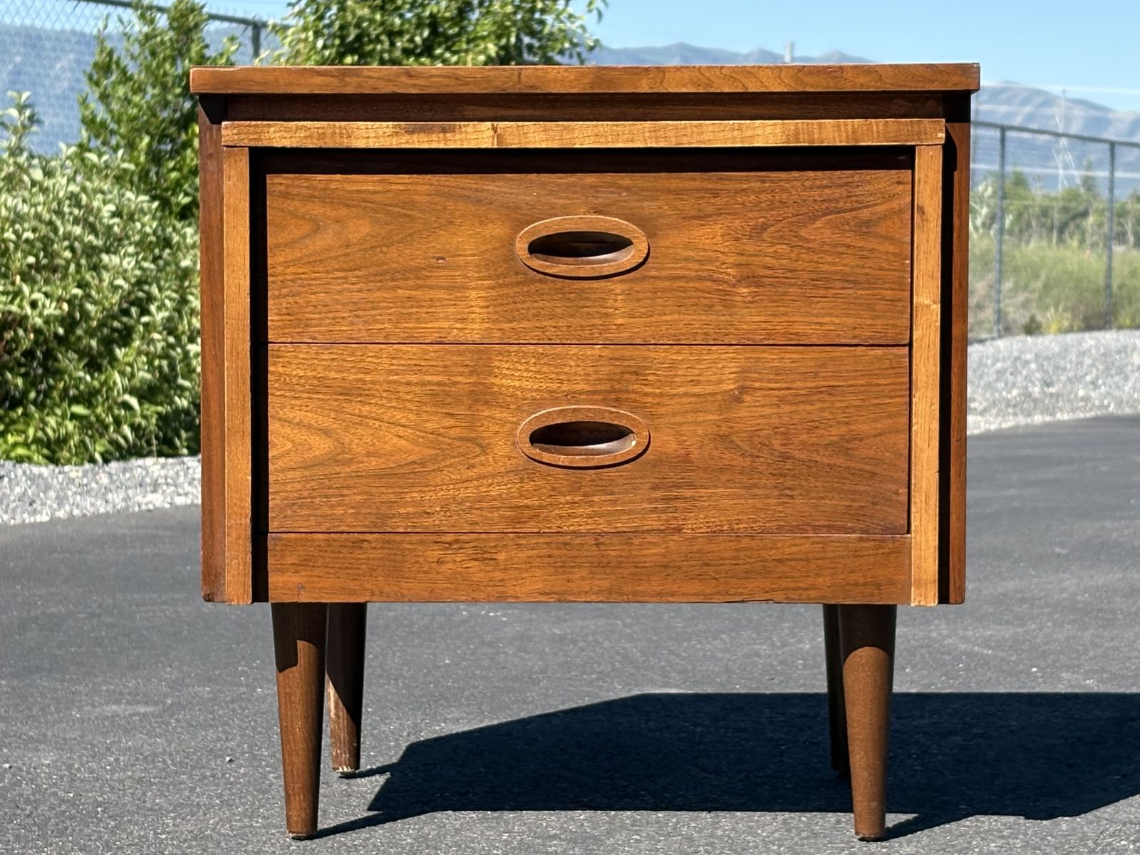 Vintage Mid Century Modern nightstand. Two drawer. Made by Dixie