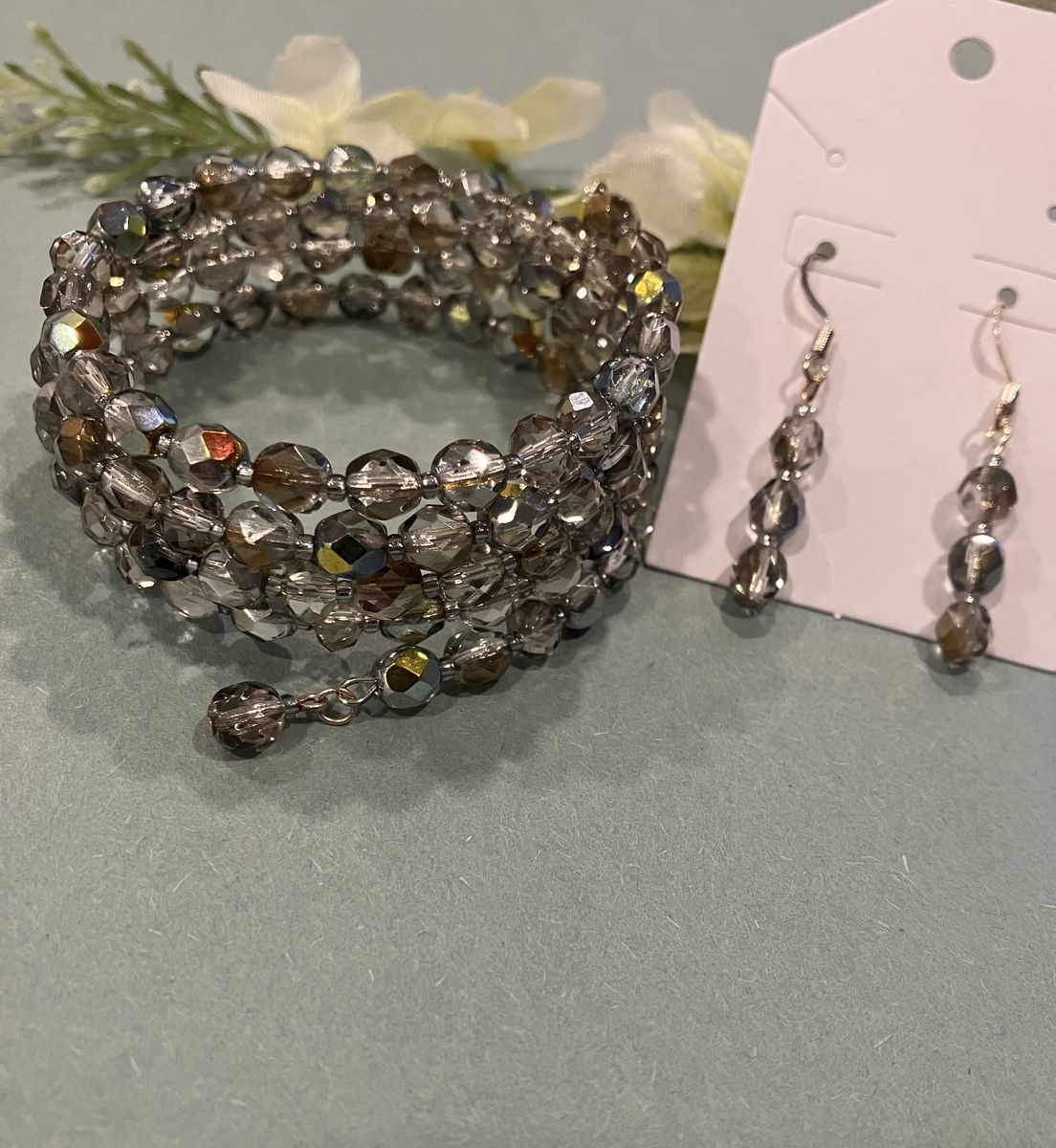 Czech Crystal Beaded Multiple Coil Bracelet & Earrings