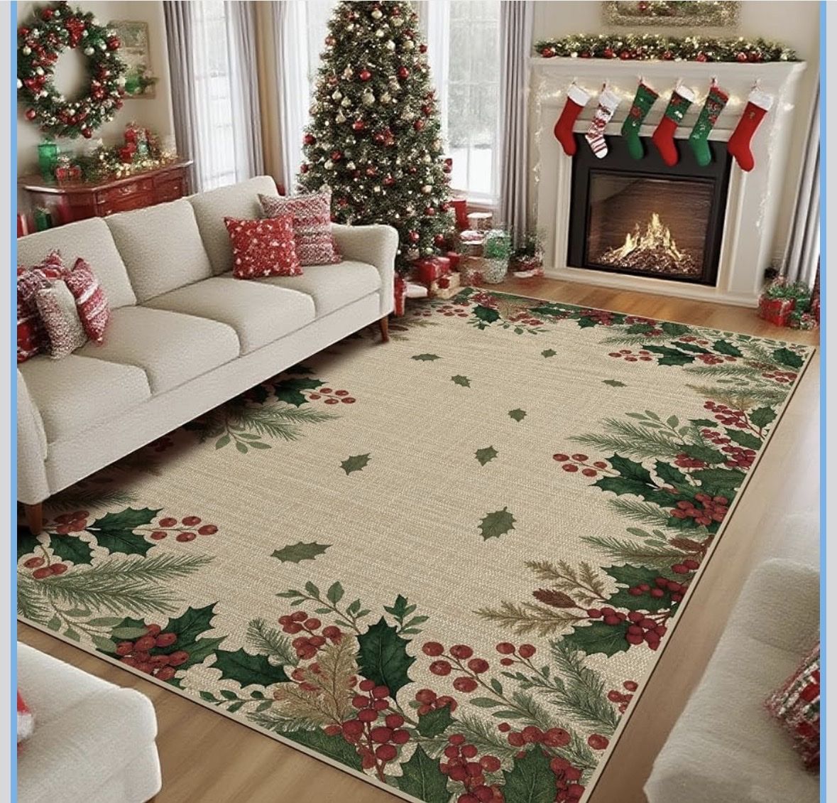Christmas Holly & Berries Area Rug 4' x 6' Non-Slip Machine Washable Holiday Rug