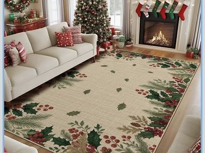 Christmas Holly & Berries Area Rug 4' x 6' Non-Slip Machine Washable Holiday Rug