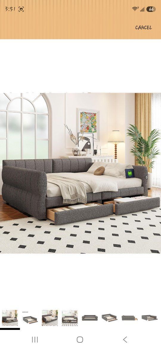 Upholstered King Daybed Frame with Two Storage Drawers - Gray