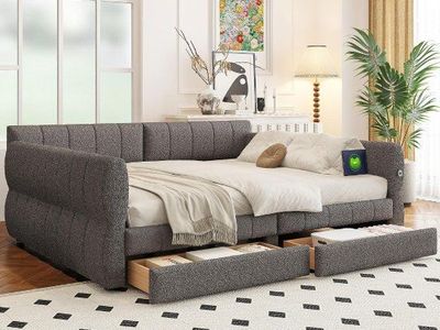 Upholstered King Daybed Frame with Two Storage Drawers - Gray