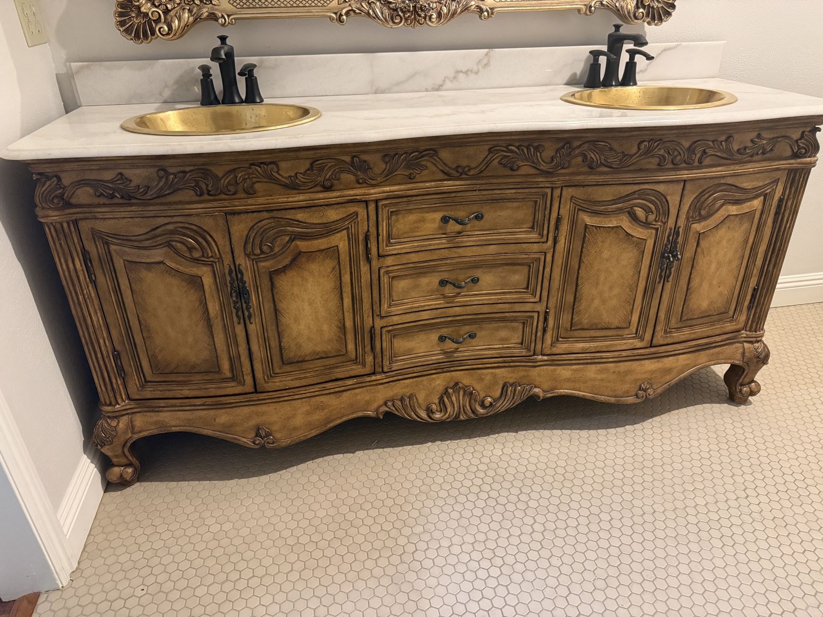 73” Double Sink Bathroom Vanity with Stone Top & Brass Sinks
