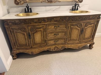 73” Double Sink Bathroom Vanity with Stone Top & Brass Sinks