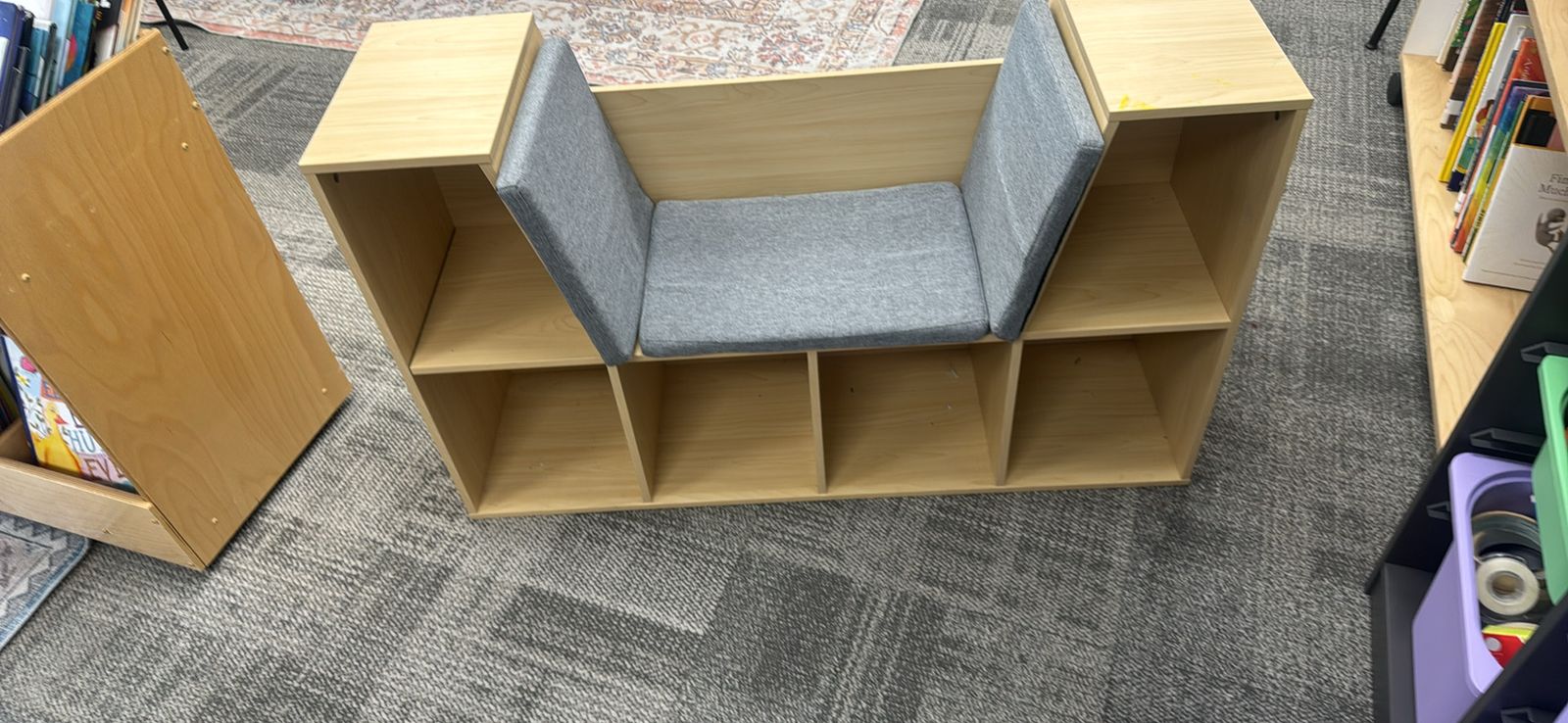 Wooden Children's Reading Nook Bench with Gray Cushions and Storage Cubbies