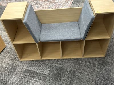 Wooden Children's Reading Nook Bench with Gray Cushions and Storage Cubbies