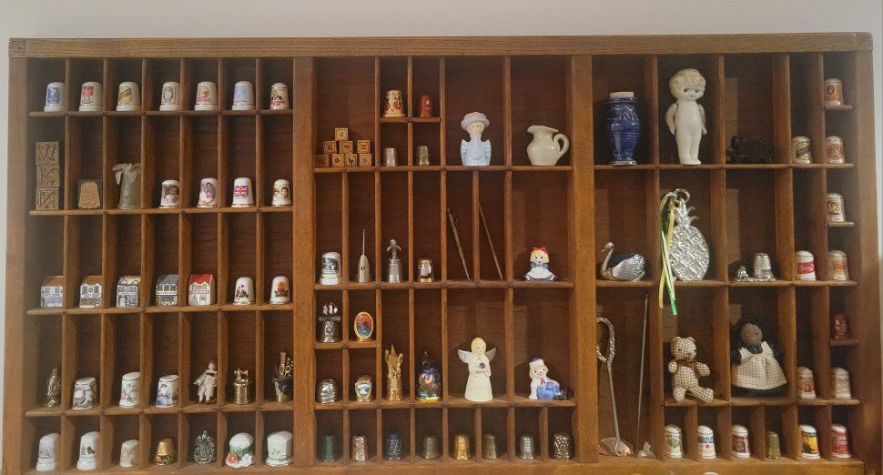 Vintage Wooden Printer's Tray with Thimble and Miniature Figurine Collection