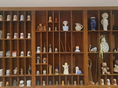 Vintage Wooden Printer's Tray with Thimble and Miniature Figurine Collection