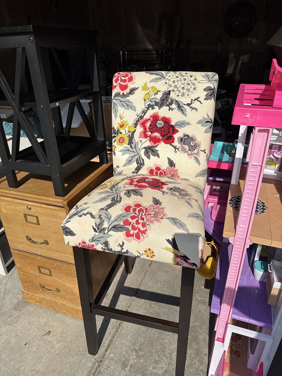 Floral Upholstered Bar Stool - Counter Height, Patterned Fabric, Dark Wood Legs