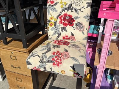 Floral Upholstered Bar Stool - Counter Height, Patterned Fabric, Dark Wood Legs