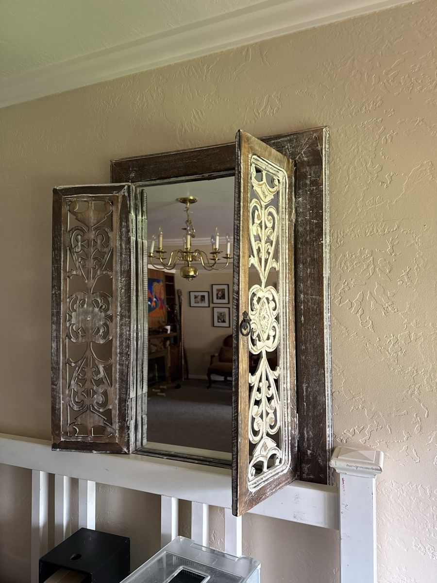 Rustic Carved Wood Wall Mirror Accent Panel with Ring Hardware