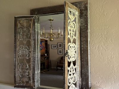 Rustic Carved Wood Wall Mirror Accent Panel with Ring Hardware