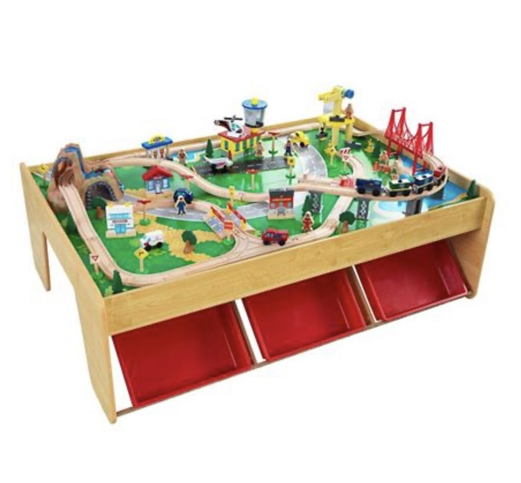 Kidkradt Wooden Train Set With Table & Bins - New