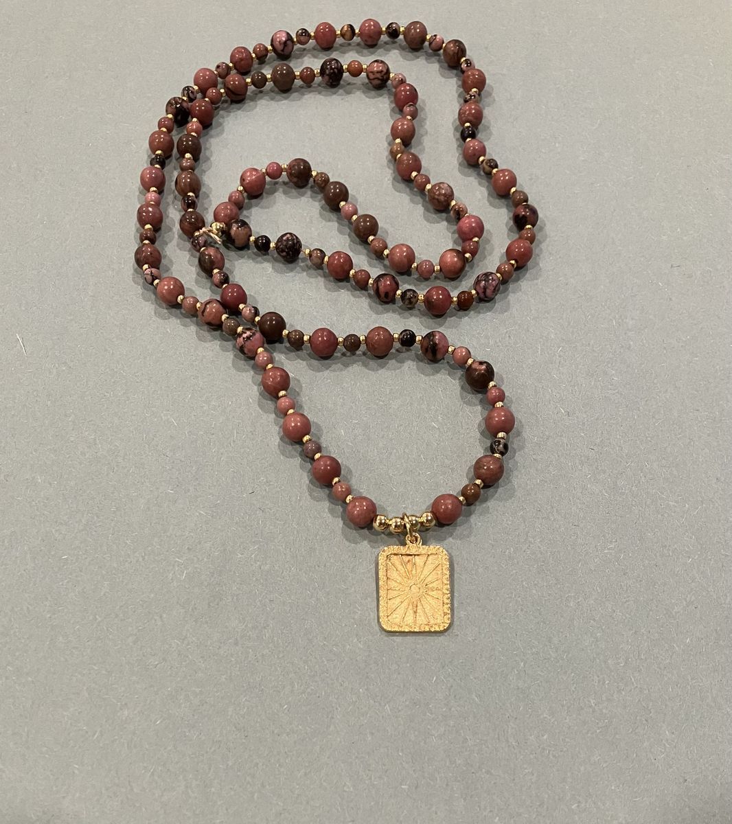 Rhodonite Gemstone & Golden Pendant Necklace