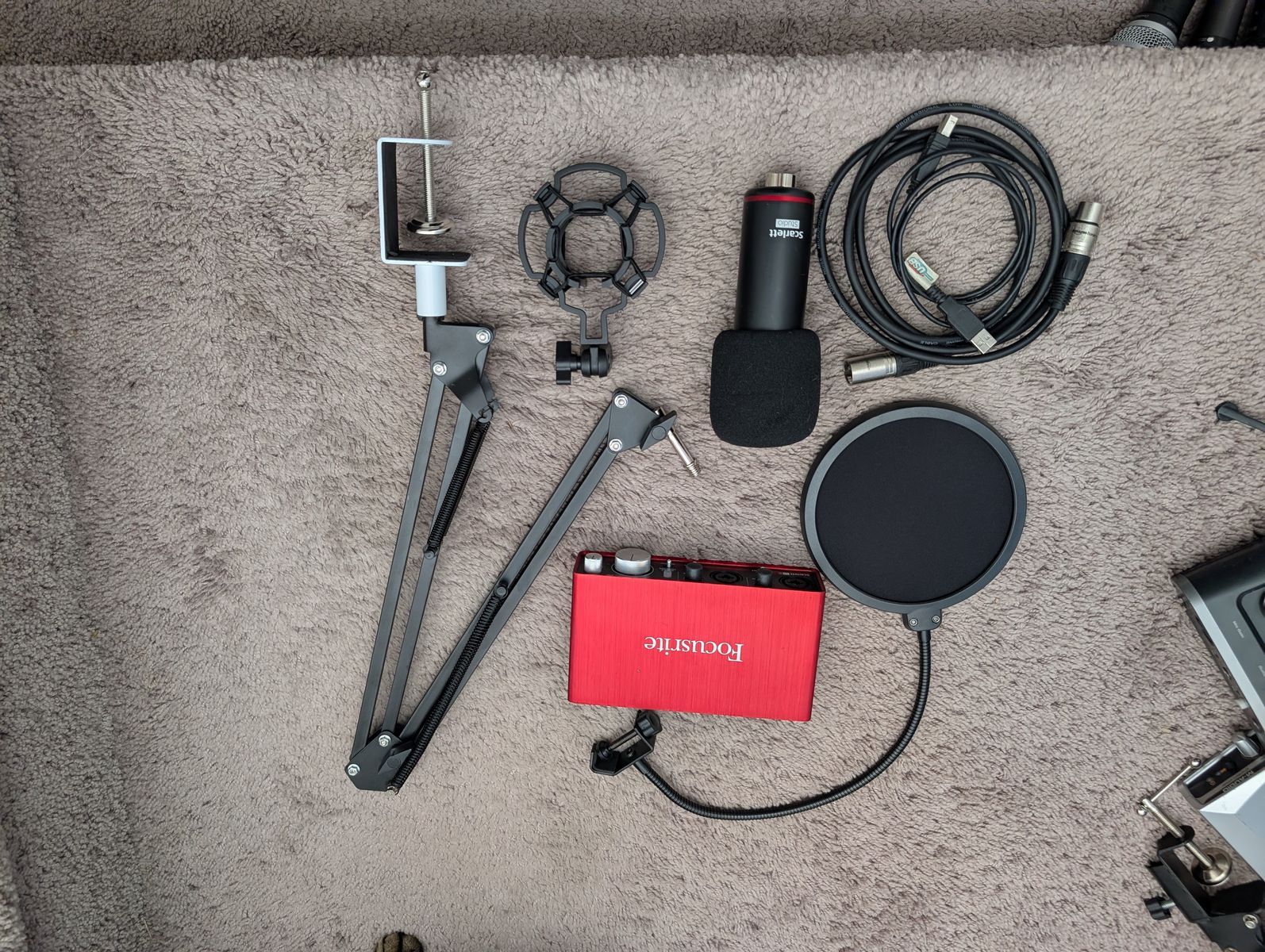 Focusrite recording bundle with interface, microphone, and boom arm