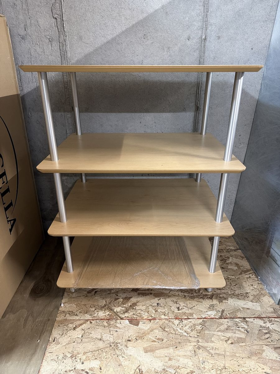 4-Tier Natural Wood Finish Audio/Media Shelf Unit with Metal Legs