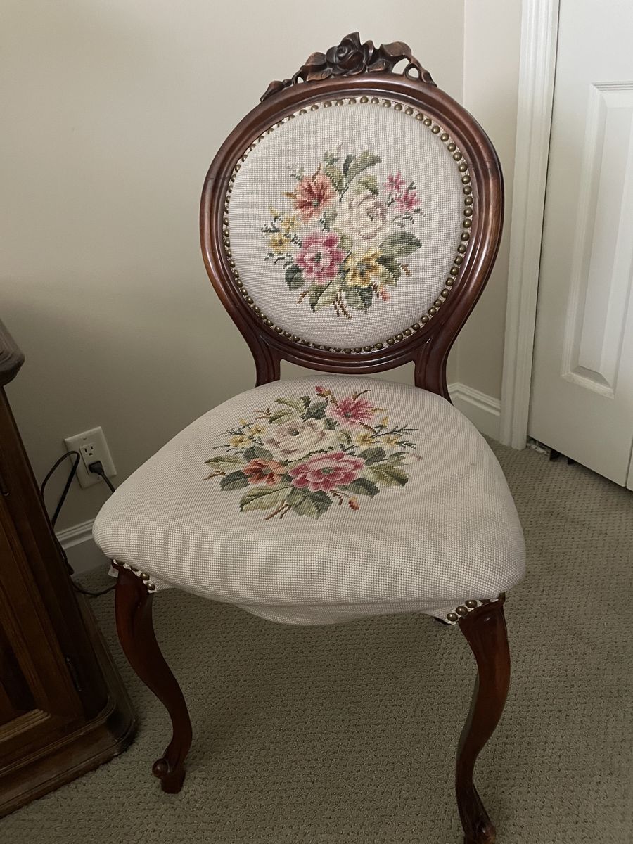 Victorian-style Balloon Back Chair - Floral Needlepoint Upholstery, Ornate Wood Frame