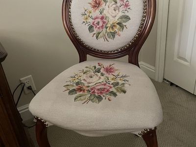 Victorian-style Balloon Back Chair - Floral Needlepoint Upholstery, Ornate Wood Frame