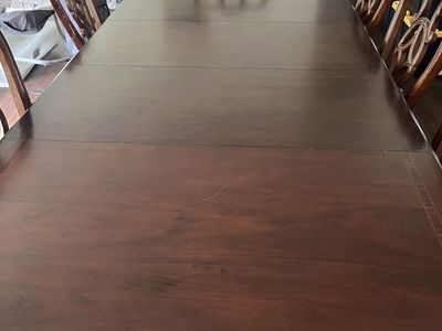 Dining room table with 10 chairs 2 leaves