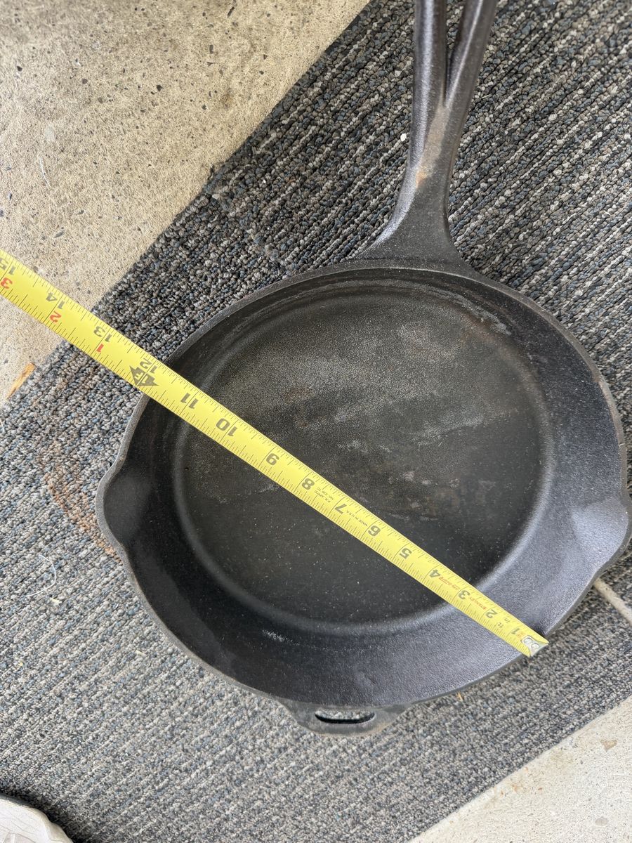 Vintage Cast Iron Skillet 12 Inch Frying Pan with Dual Spouts and Helper Handle