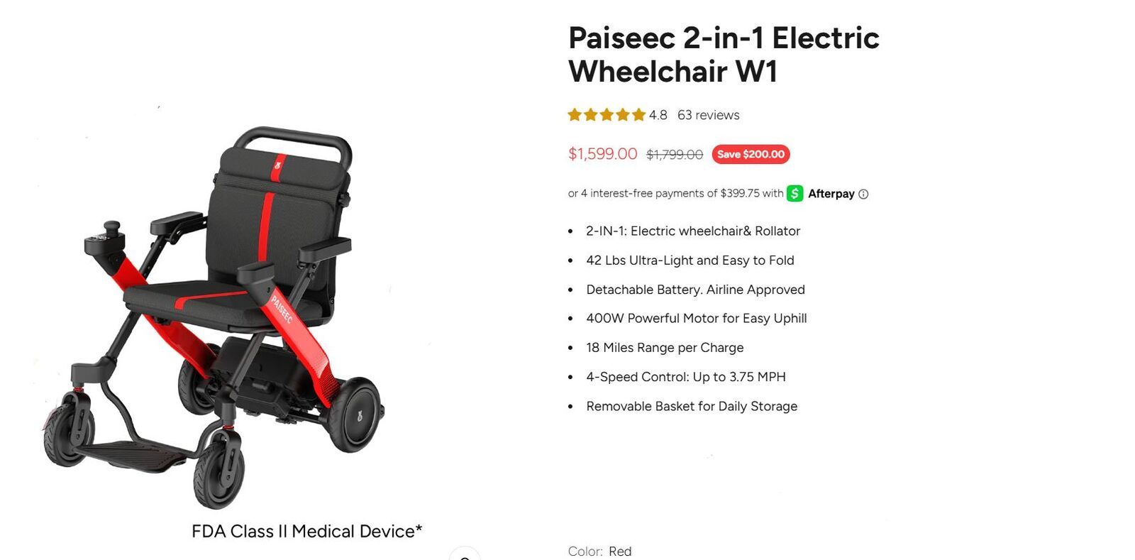 NEW Paiseec 2-in-1 Electric Wheelchair W1