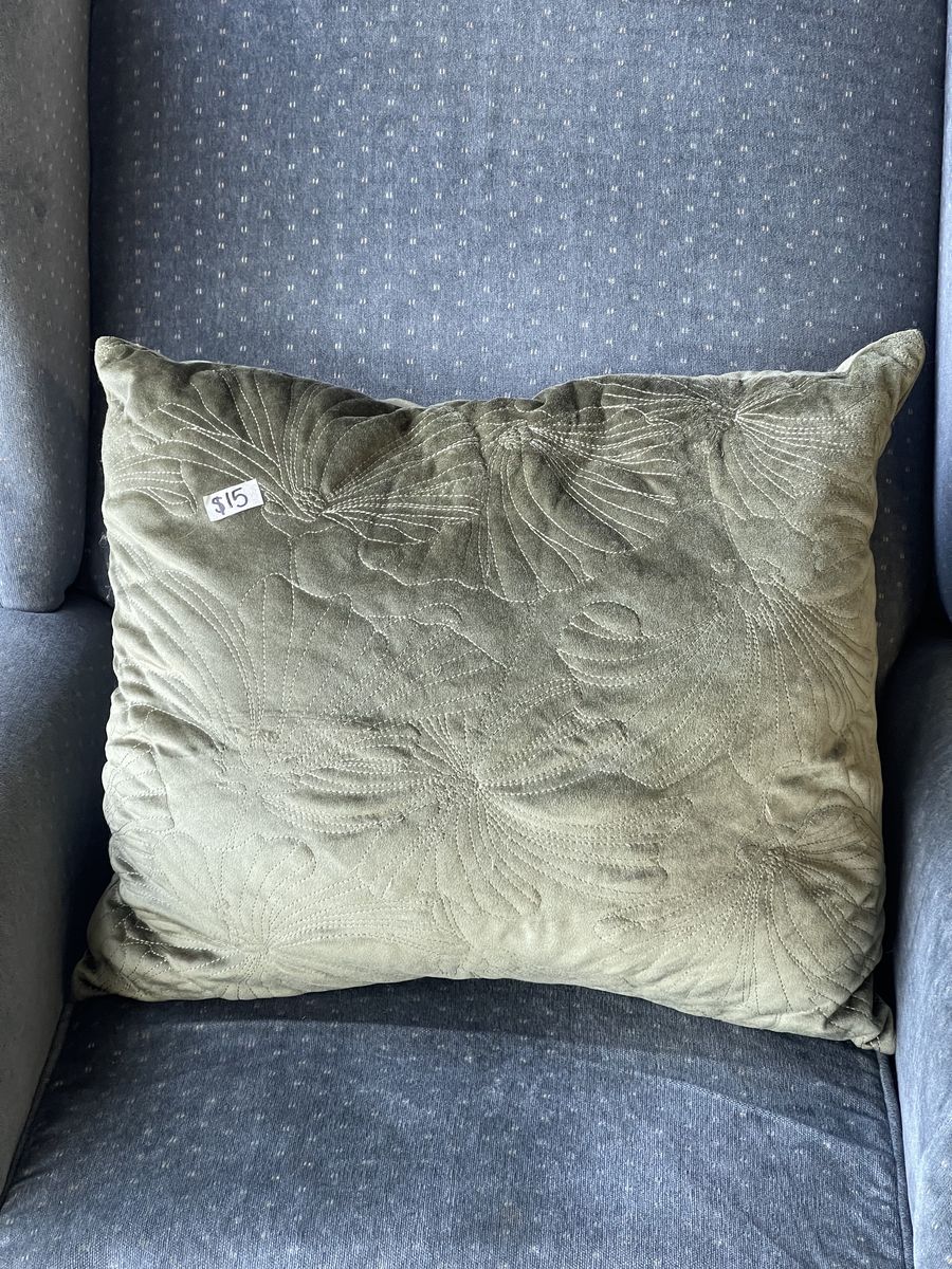 Sage Green Velvet Quilted Pillow - Embroidered Floral Design