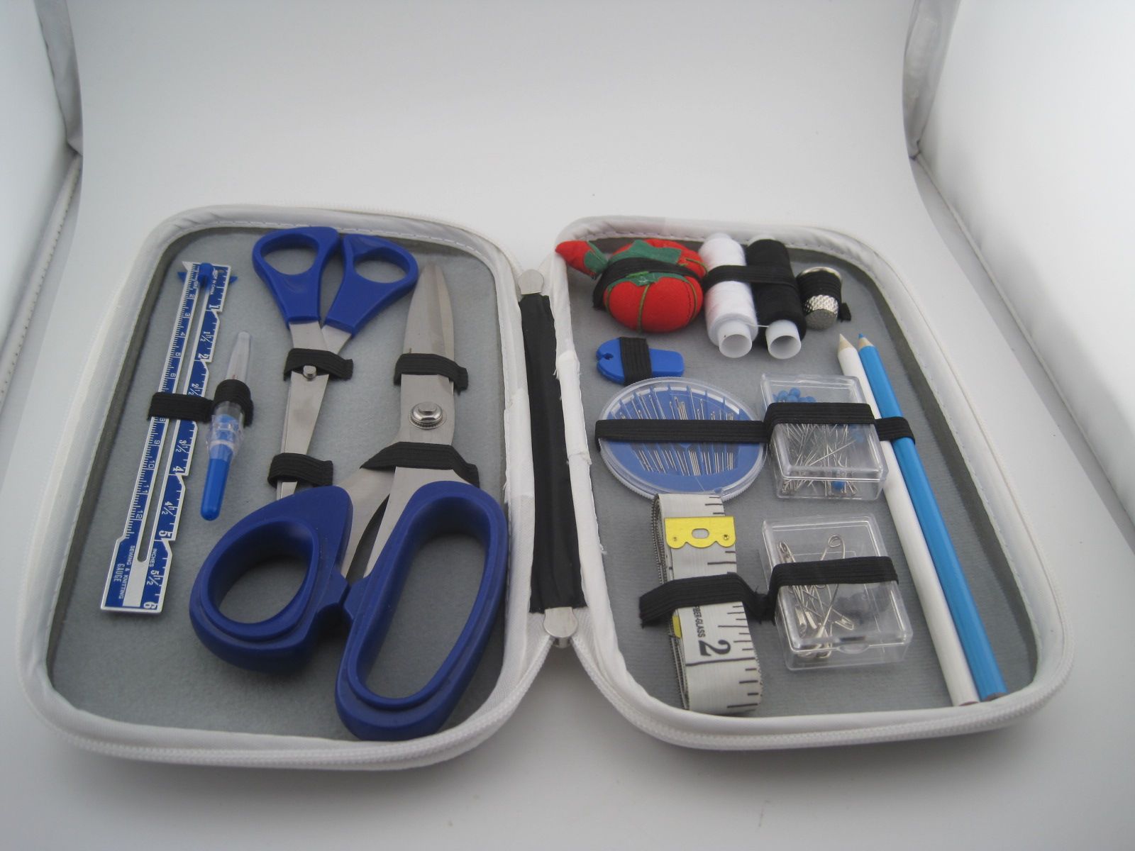 Travel & Home White Sewing Kit Case - needle thread tape scissor pins pencil etc