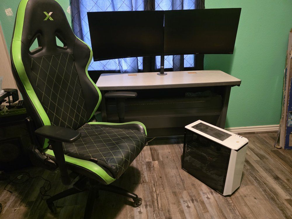 Dual Monitor Desk Setup - Gaming PC, Desk, Dual Monitors, and Green Gaming Chair