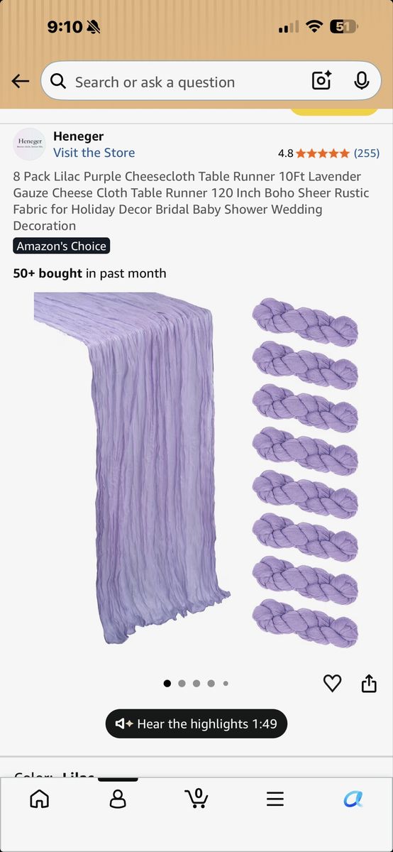 Heneger 8-Pack Lilac Purple Cheesecloth Table Runner, 10ft Lavender Gauze Rustic Sheer Fabric Wedding / Event Decor