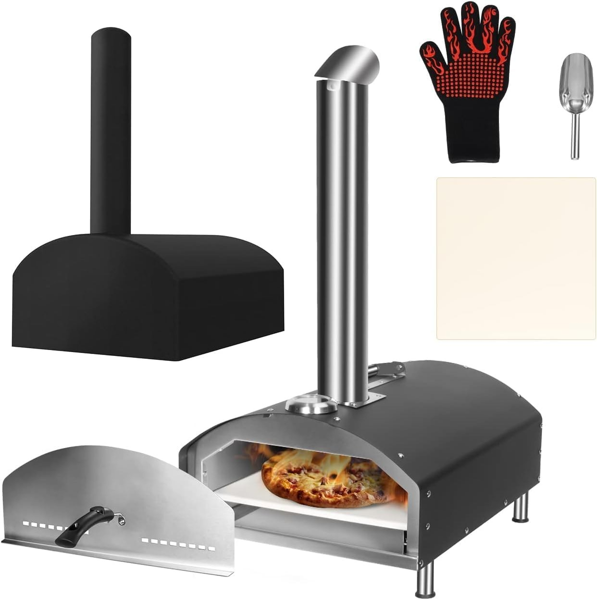 OUTDOOR PIZZA OVEN, PORTABLE WOOD PELLET FIRED PIZZA OVENS, STAINLESS STEEL-PIZZA STONE, COVER NEW IN BOX!!!